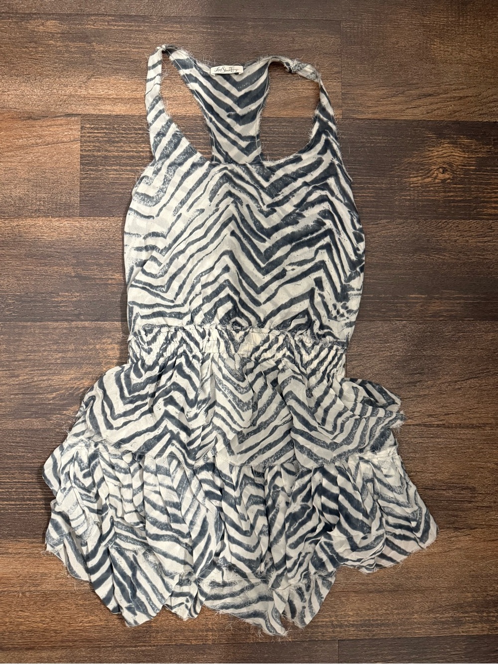 Vintage LoveShackFancy 100% Silk Zebra Tiered Mini Dress – Gray/White